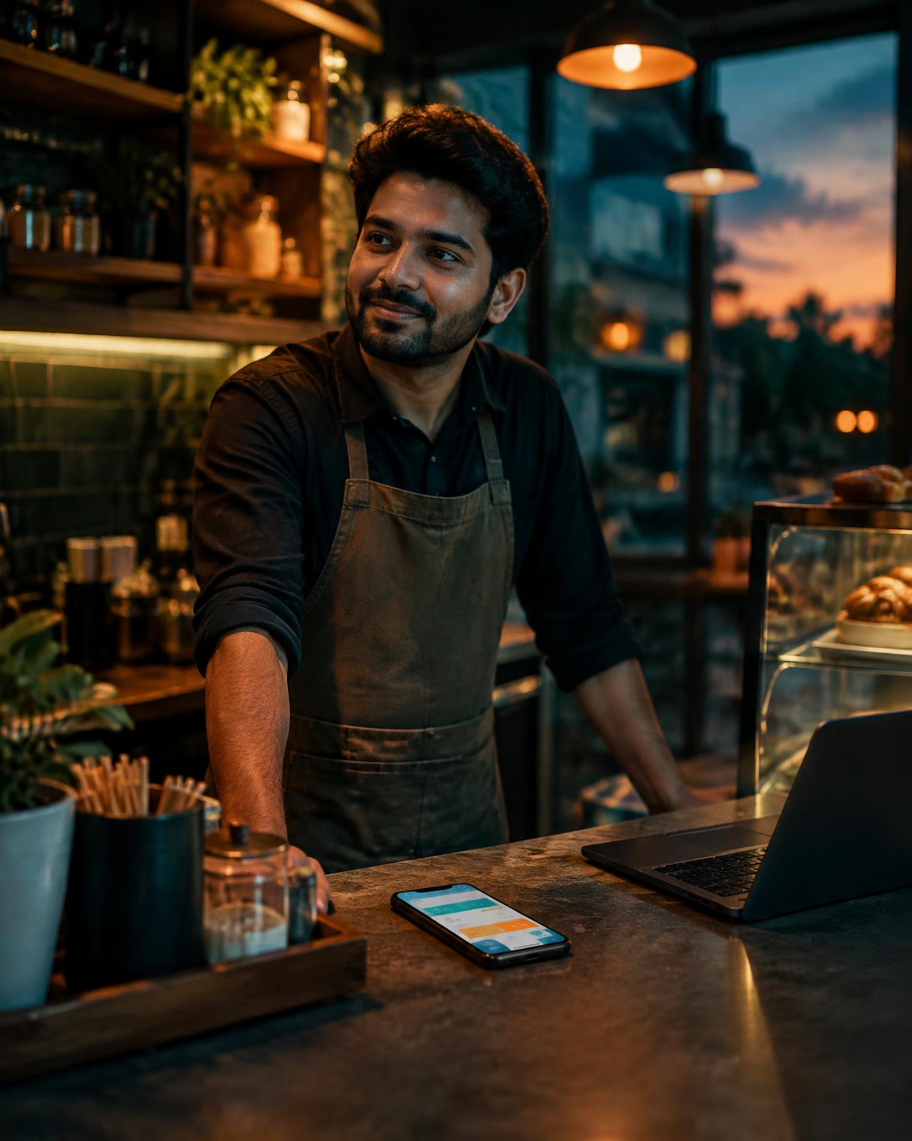 Cafe owner with his new ordering app
